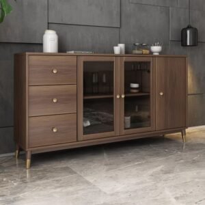 Walnut Grid – Wooden Sideboard with Glass & Drawer Combo