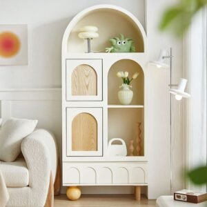 Minimalist Curves – Soft White Storage Unit with Glass Shelves