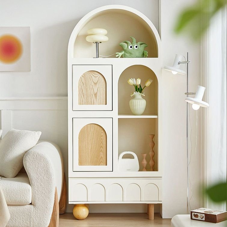 Minimalist Curves – Soft White Storage Unit with Glass Shelves Minimalist Curves – Soft White Storage Unit with Glass Shelves