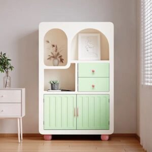 Pastel Serenity – Mint Green Arched Storage Cabinet with Multi-Tier Shelves