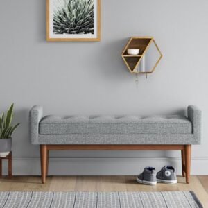 Nordic Nest – Upholstered Settee with Wooden Shelf Base