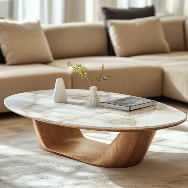 Orbit Luxe – Oval Marble-Top Coffee Table with Wood Base