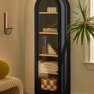 Arched Elegance – Modern Black Wood Storage Cabinet with Open Shelves