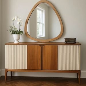 Aurora Elegance – Wooden Dressing Table with Oval Mirror & Dual Cabinets