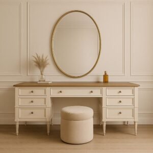 Luxe Harmony – Classic Dressing Table with Wide Storage & Golden Accents