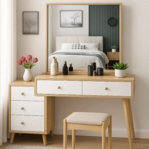 Pure Grace – Minimalist Dressing Table with Cabinet & Mirror Frame