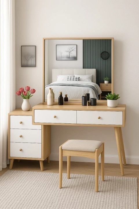 Pure Grace – Minimalist Dressing Table with Cabinet & Mirror Frame Pure Grace – Minimalist Dressing Table with Cabinet & Mirror Frame