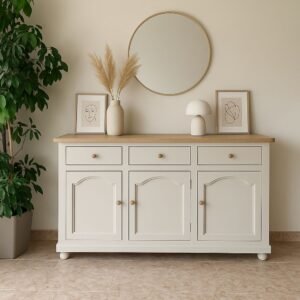 Regal Haven – Wooden Sideboard with Round Mirror