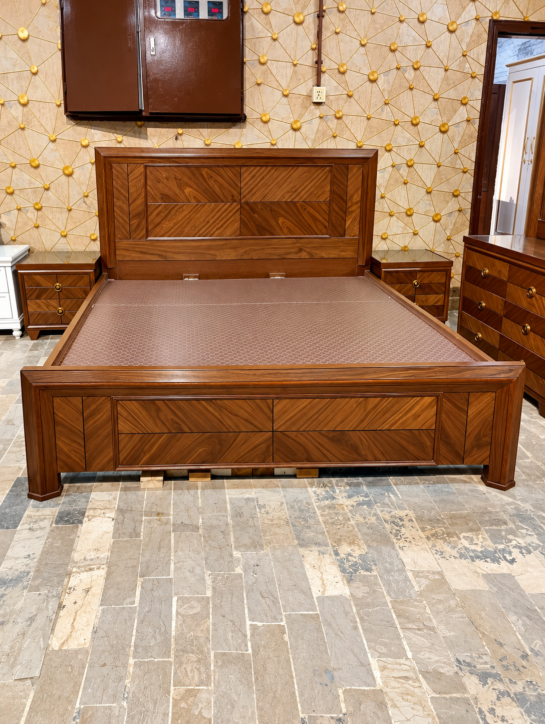 Walnut Geometric Heritage Bed Walnut Geometric Heritage Bed