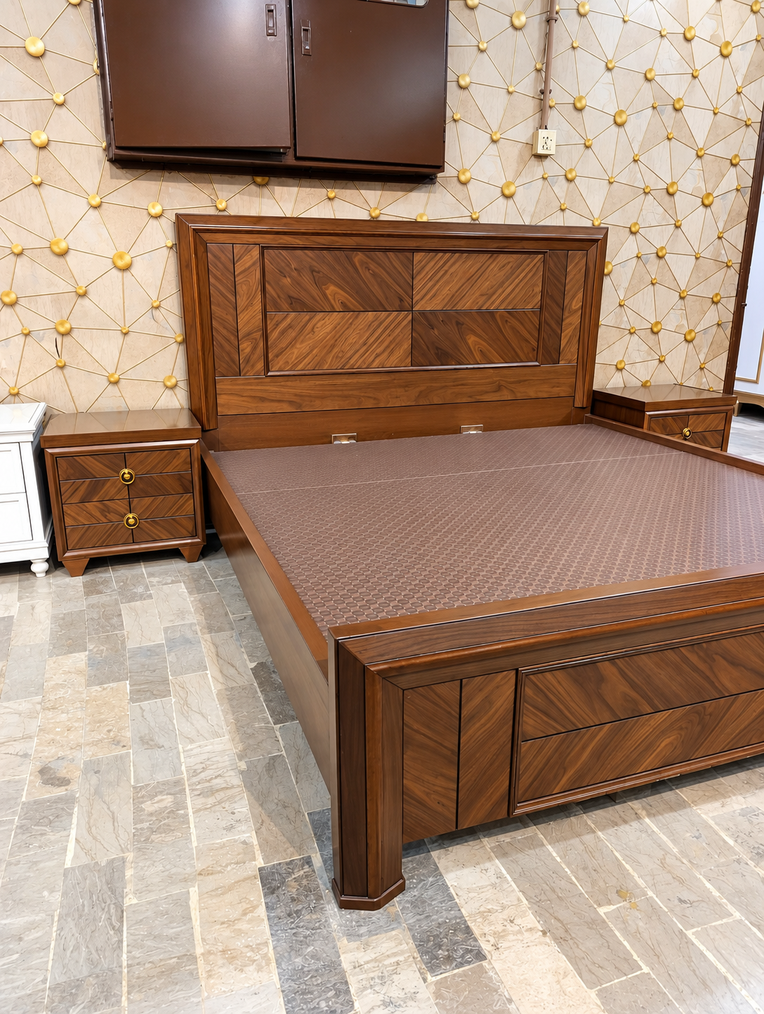 Walnut Geometric Heritage Bed Walnut Geometric Heritage Bed
